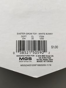 The model number of the Easter  Grow Toy is located on the back